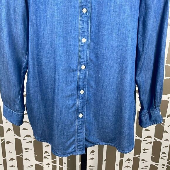 LOFT The Softened Blue Linen Blend Chambray Button Down Shirt sz M Petite - Picture 8 of 11